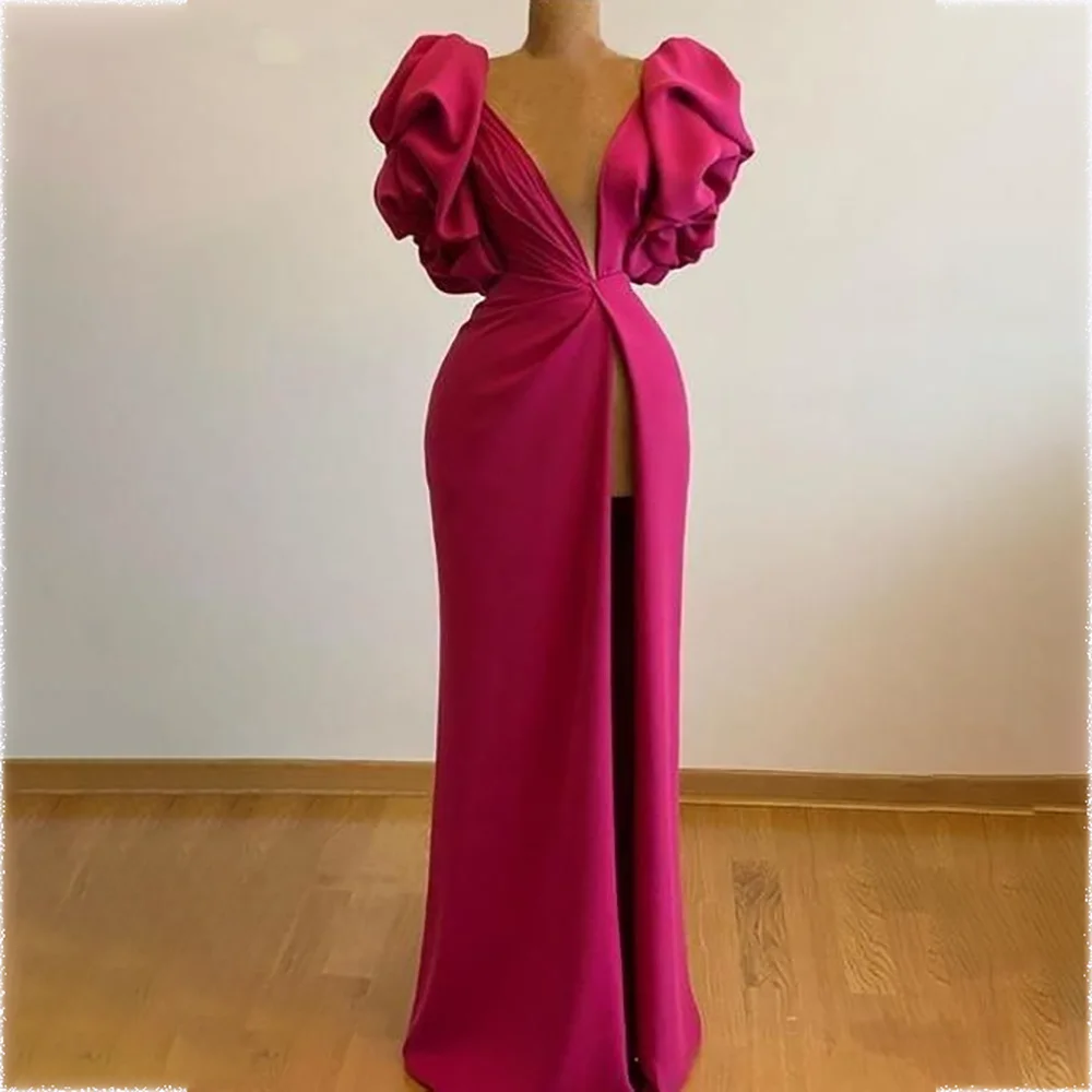 

Hot Pink Evening Dresses Deep V Neck Pleats Short Sleeve Mermaid Evening Dress For Special Occasion Party Gown Floor Length