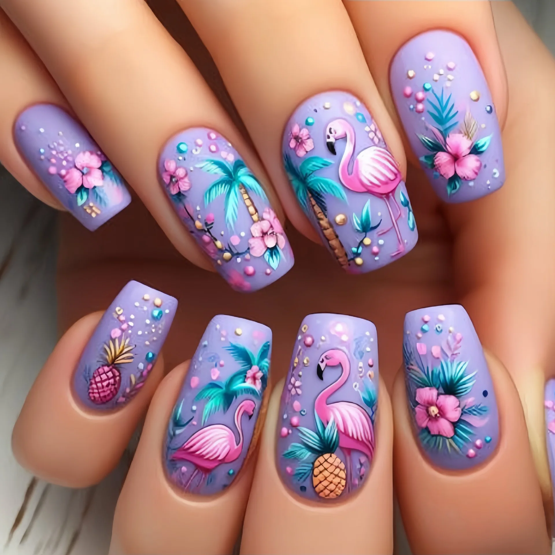24 pezzi di balletto retrò stampa sulle unghie finte con disegni di fiori di fenicottero colorati moda francese unghie finte indossabili manicure unica