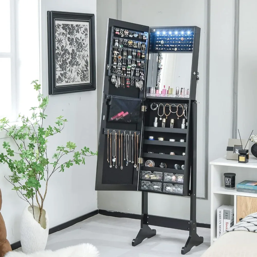 

Jewelry Armoire Cabinet with Full Length Mirror, 6 LEDs Standing Lockable Jewelry Organizer with Vanity Makeup Mirror
