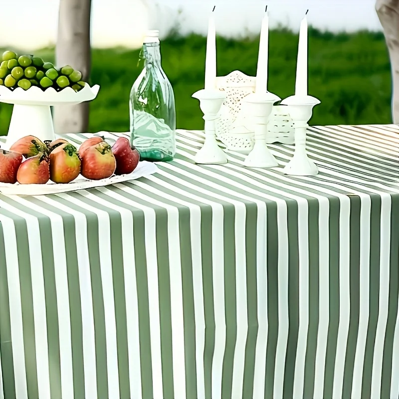 Elegant Green & White Striped Tablecloths, Rectangular Polyester Tablecloths for Home Dining, Birthdays, Weddings, Parties