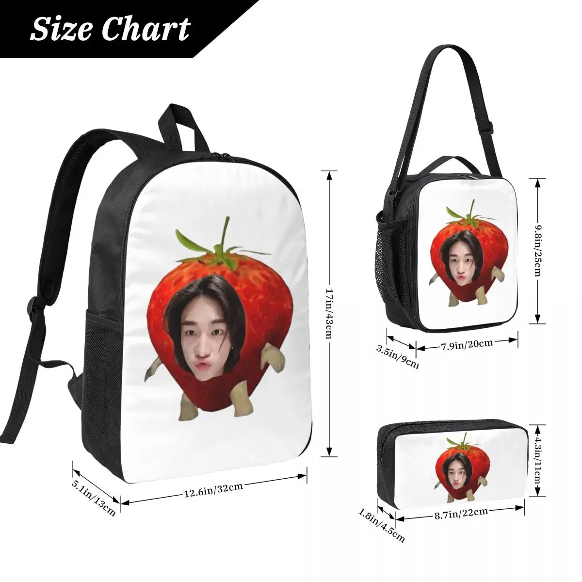 Hyunjin Strawberry Backpack Student BookBag School Bag Laptop Shoulder Bags 3ps Insulated Lunch Bag Pencil Case