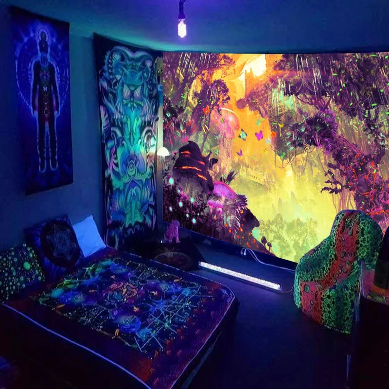 Shiny Woman Background Wall Fluorescent Tapestry Hanging Cloth Tiger City Night Skeleton Alien  Home Decor Mural