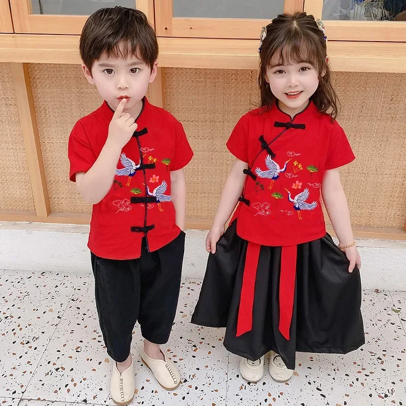 2Pcs Traditional Chinese New Year Costumes Clothes for Kids Spring Festival Tang Suit Girl Boy Sets Short Sleeve Top Pants Skirt