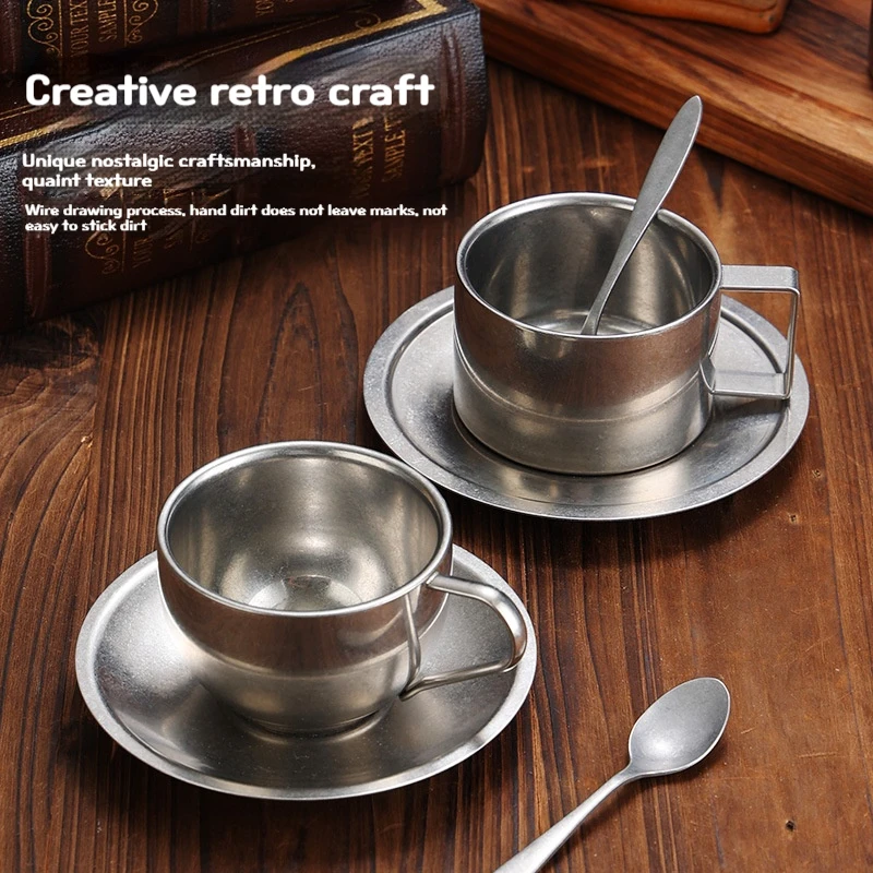 Japanese style retro frosted antique 304 stainless steel tea coffee cup, plate, spoon set, household matte tableware