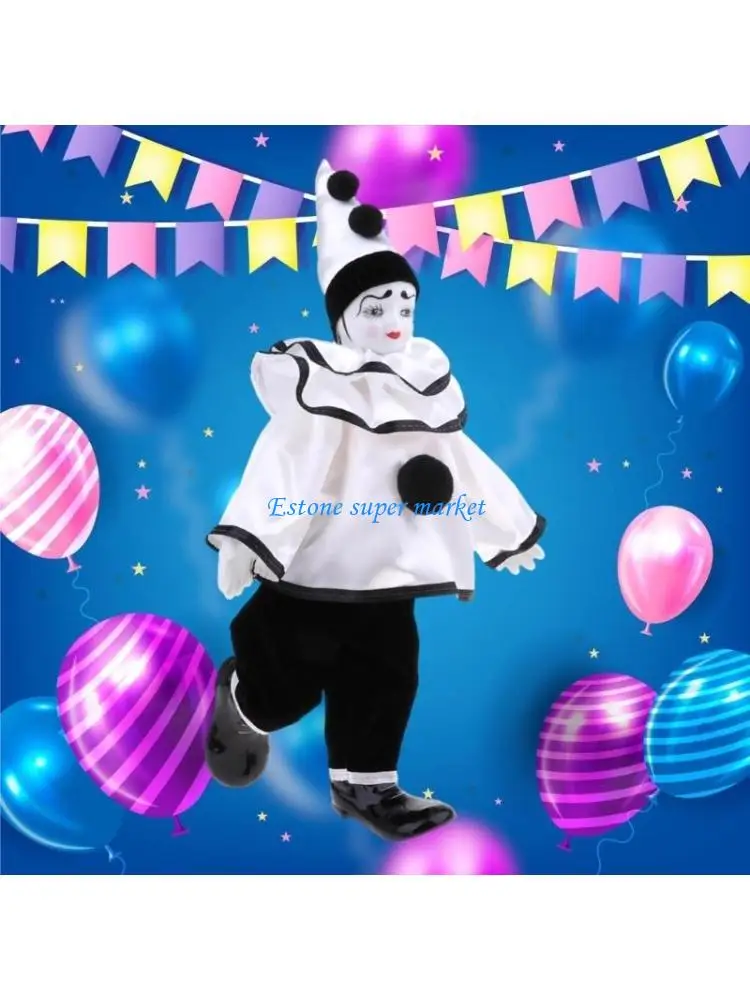 

090B Elegant Ceramic Clown Sculpture Doll With Posable Design and Sparkling Costume