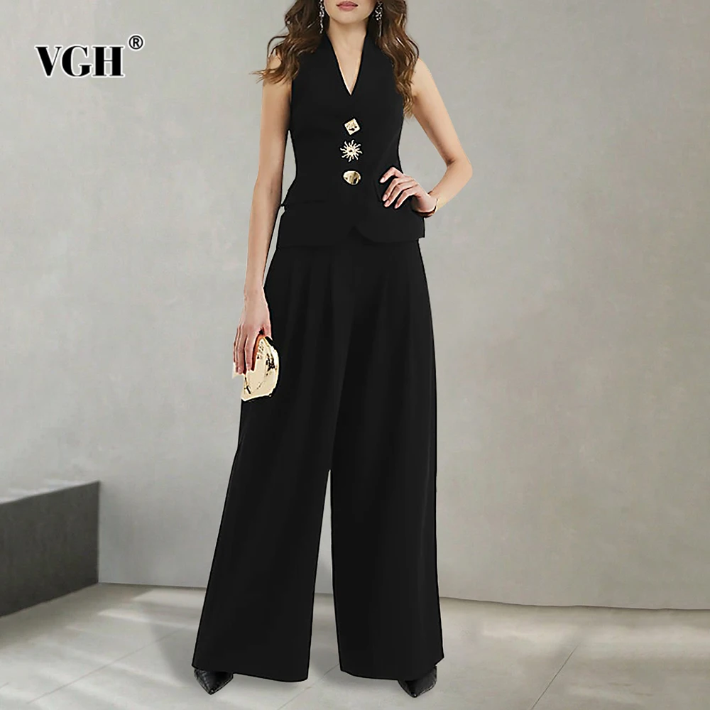 

VGH Solid Temperament Slimming Two Piece Sets For Women V Neck Sleveless Spliced Button Top High Waist Pants Elegant Set Female