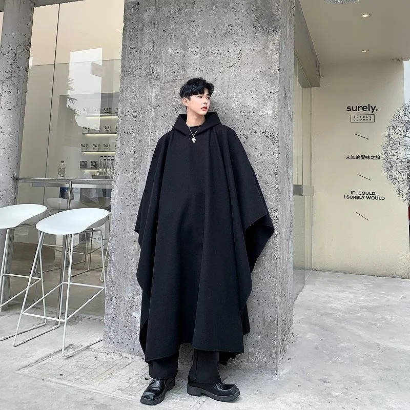 Hooded Solid Loose Men Black Cloak Coats Windproof Trench Coat Men Chic Winter Long Cape Poncho