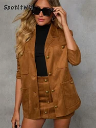 Vintage Brown Suede Jacket For Women Elegant Lapel Single Breasted Suit Blazer Coat Elegant Office Lady Autumn Street Outerwear