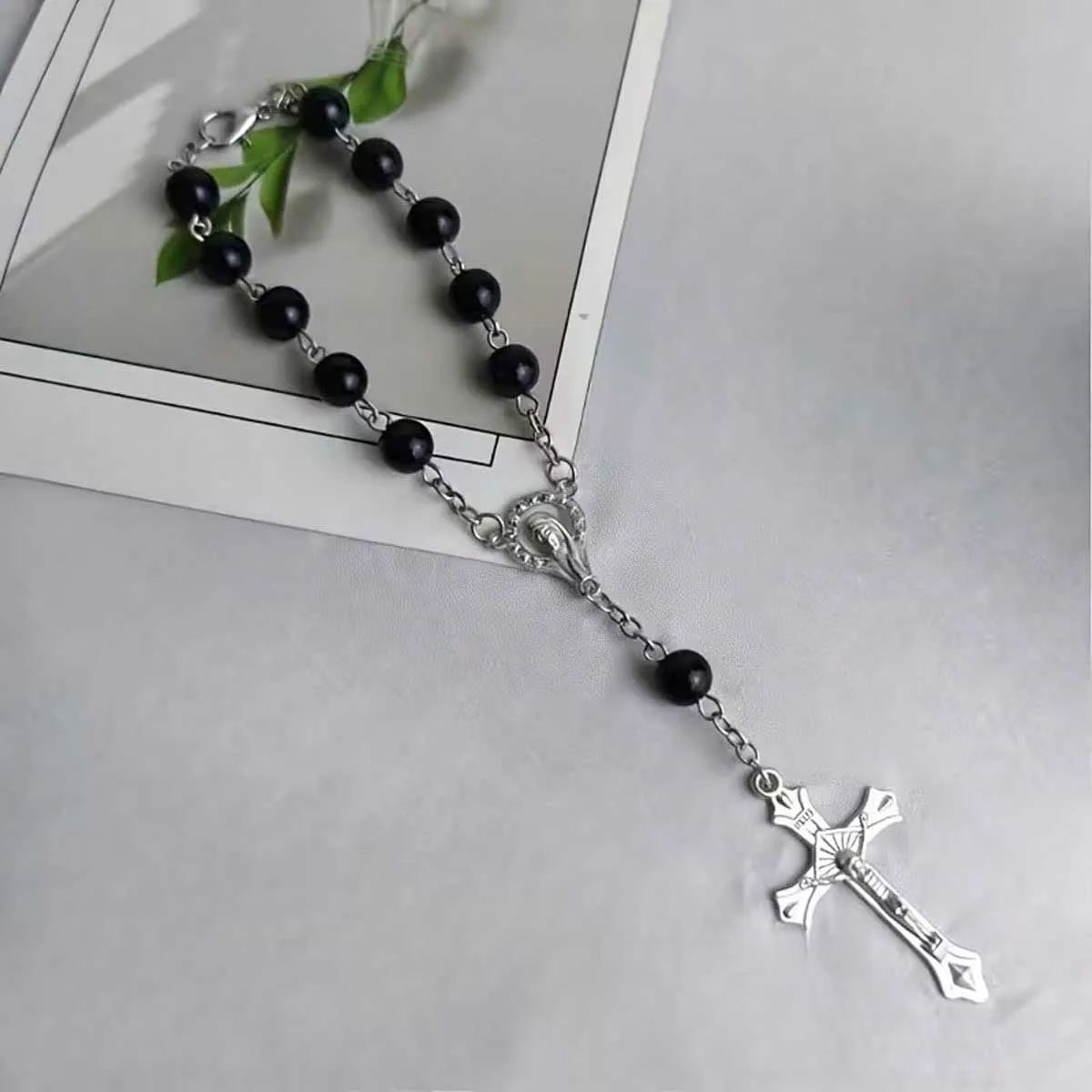 Car Mirror Steering Wheel Rose Rosary Pendant, Car Pendant, Car Cross Pendant (Black)