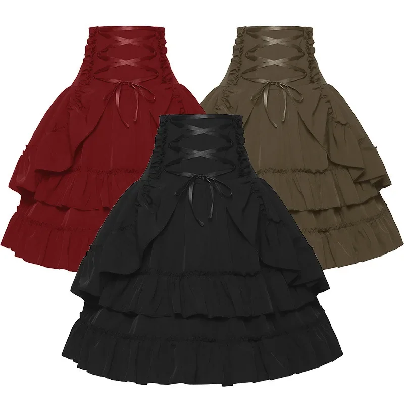 

Women Victorian Skirt Medieval Renaissance Court Double-layered High-waisted Vintage Bandage Slim Big Swing Clothing Lugentolo