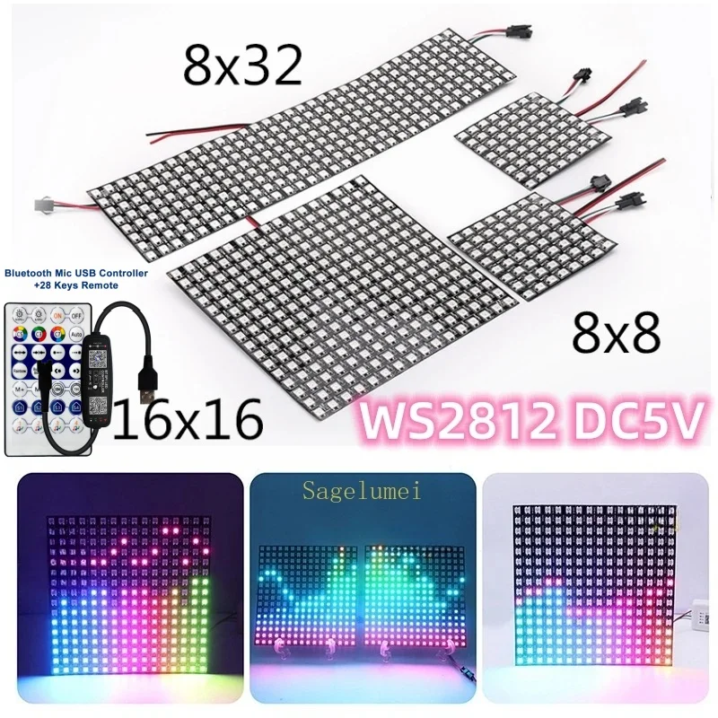 WS2812 Led Digital Flexible Screen 8*8 16*16 8*32 Individually Addressable With 28Keys Bluetooth Controller Led Module Light Kit