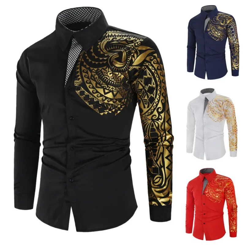 

2023 Foreign Trade Autumn/Winter New Men's Shirts with Gold Stamped Totem Printing Long Sleeved Thin Shirts