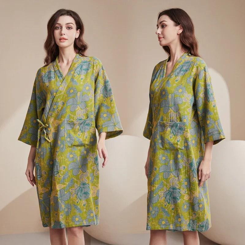 2025 New Female Pure Cotton Gauze Jacquard Robe Kimono Bathrobe With Pocket Lace Up V-neck Nightgown Sleepwear Loose Home Dress