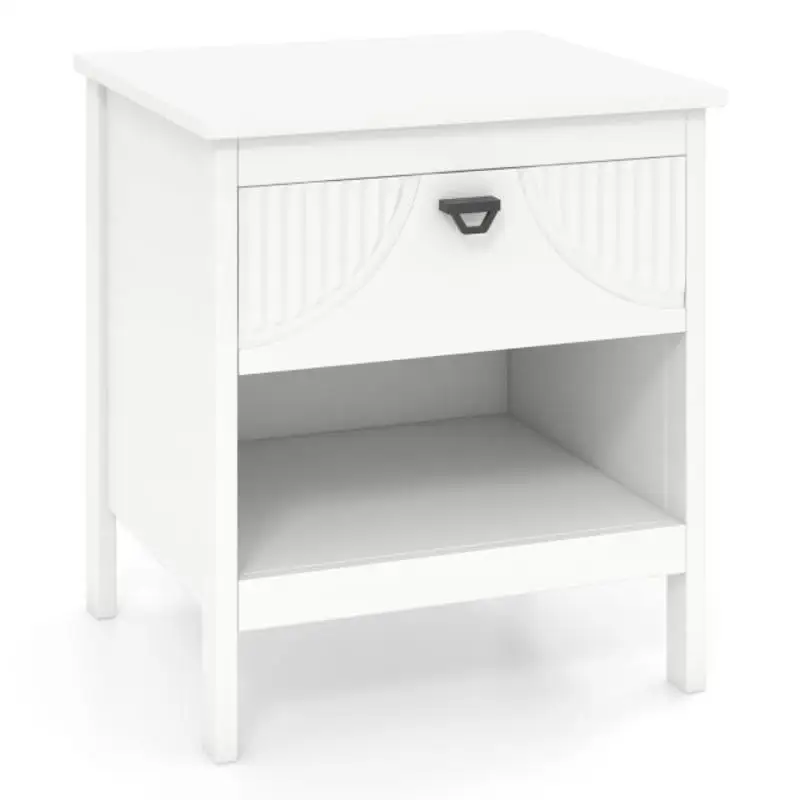 

2-tier Wood Nightstand with Drawer and Open Storage Shelf for Bedroom-White
