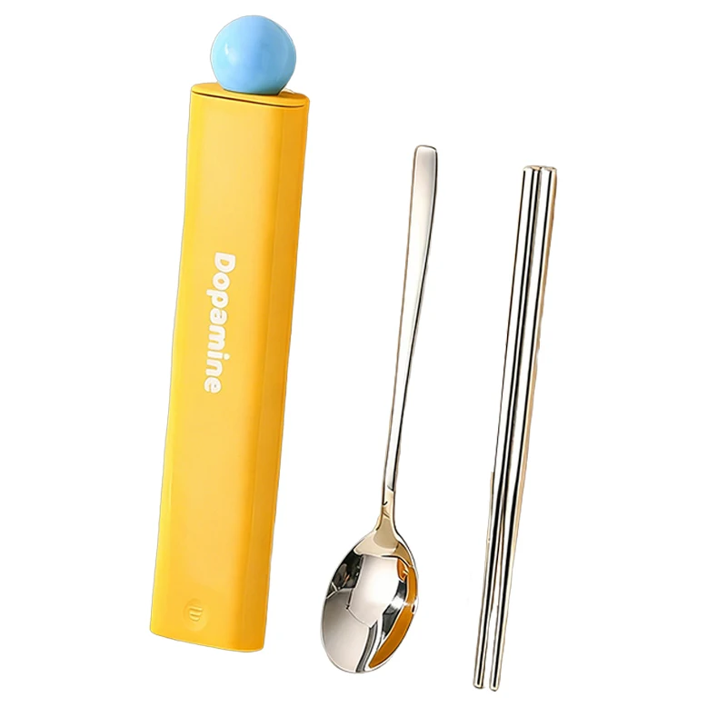 Set di posate portatili da 3 pezzi Bacchette cucchiaio in acciaio inossidabile 304 con custodia per regalo di Natale Stoviglie da esterno carine