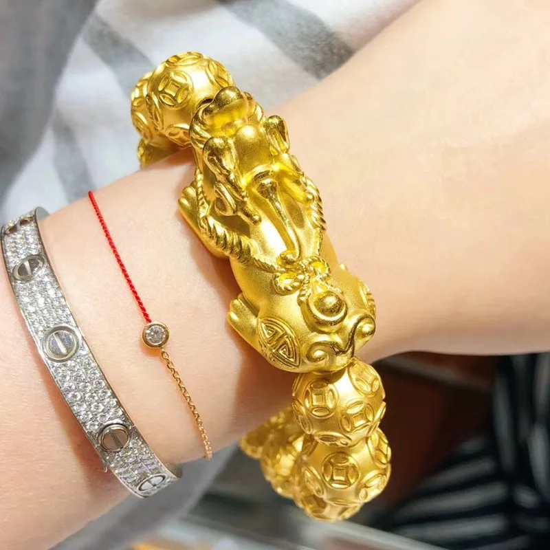 Goldpure Pixiu سوار 999 الذهب 24K الذهب الحقيقي الرجال سوار غني بوذا حبة سوار المال حبة سوار