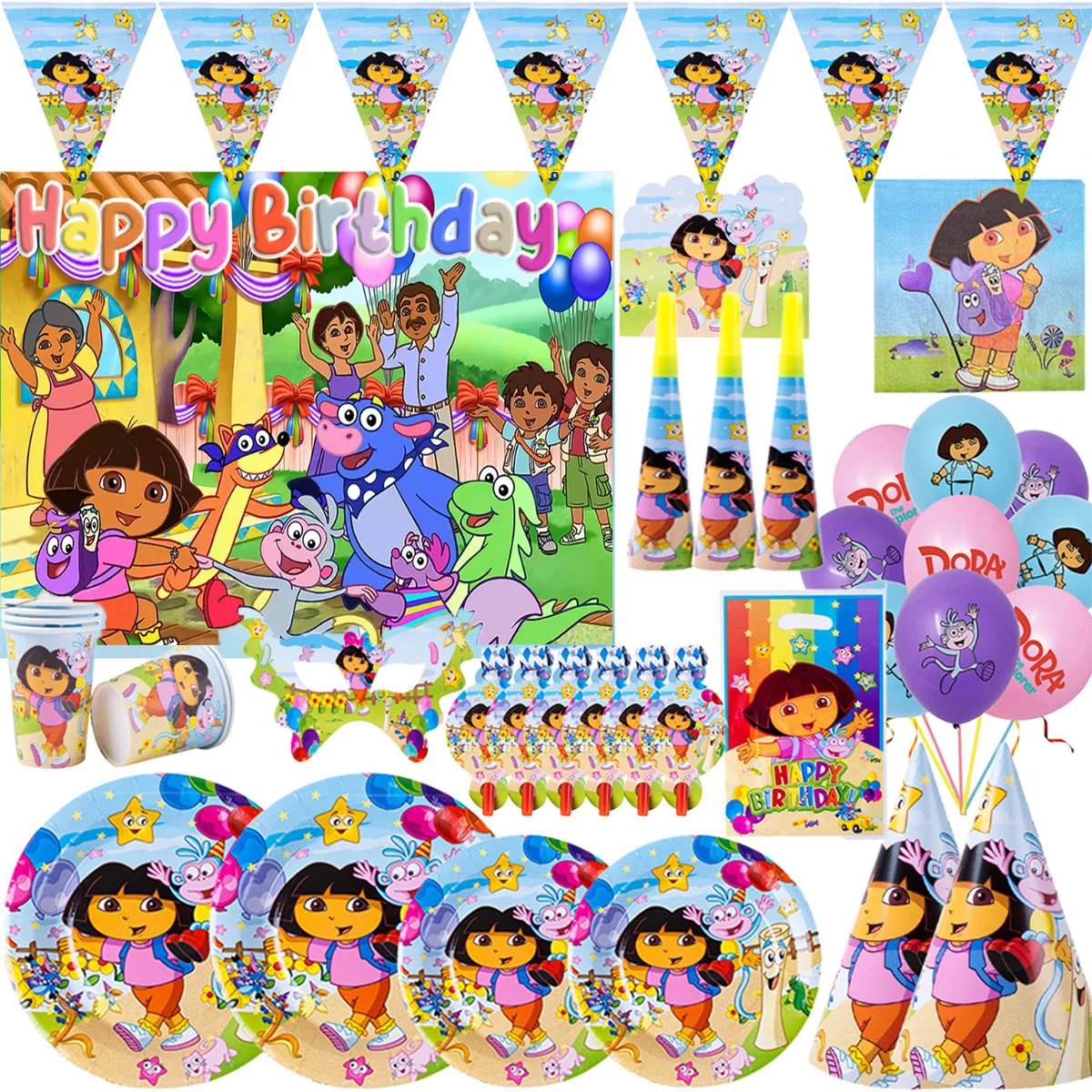Vaisselle de fête d'anniversaire pour filles, décor de dessin animé, assiette jetable, tasse, serviette, numéro, ballon, arrière-plan pour enfants, fournitures de fête