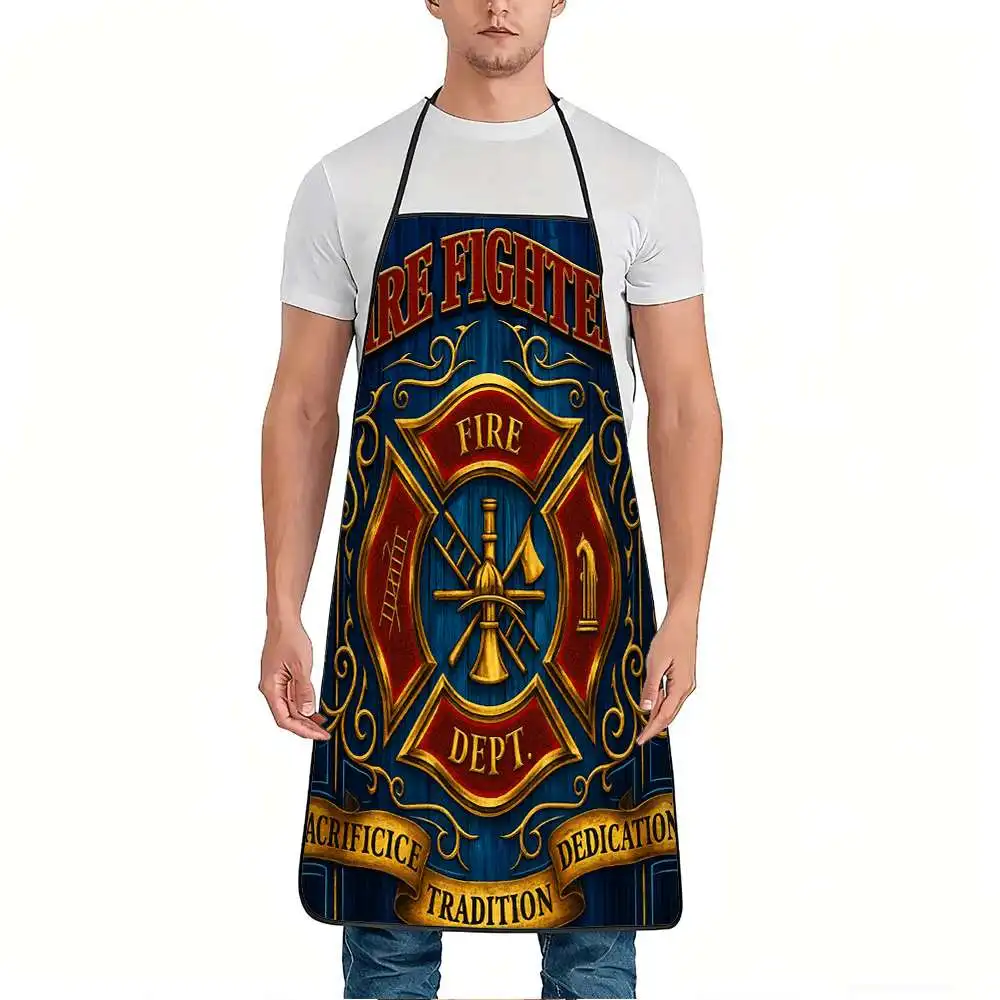 1pc Firefighter Fire Department Tribute Tradition Commitment Print Apron, Sturdy And Easy to Clean, Adjustable Waist, Made of Po