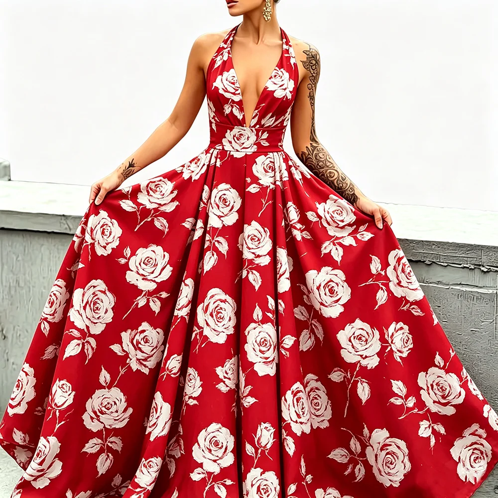 

Women's Bold Red Print Halter Deep V Maxi Dress Sleeveless High Waist Pleated Long Dress Summer Casual Elegant Party Clothing