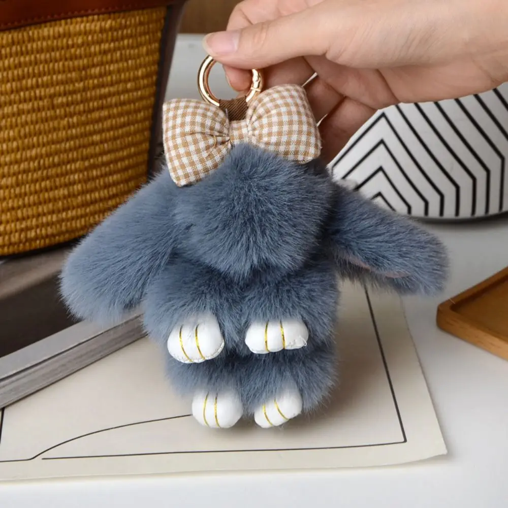 Animal Shape Fashion Pluff Bunny Keychain Lovely Fluffy Play Dead Rabbit Doll Bowknot Smooth Rabbit Fur Keychain Girlfriend