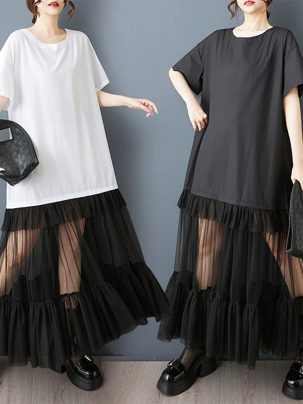 Tannt femmes robe mode maille Patchwork irrégulière t-shirt robes asymétrie noir décontracté longue été t-shirt robes pour les femmes