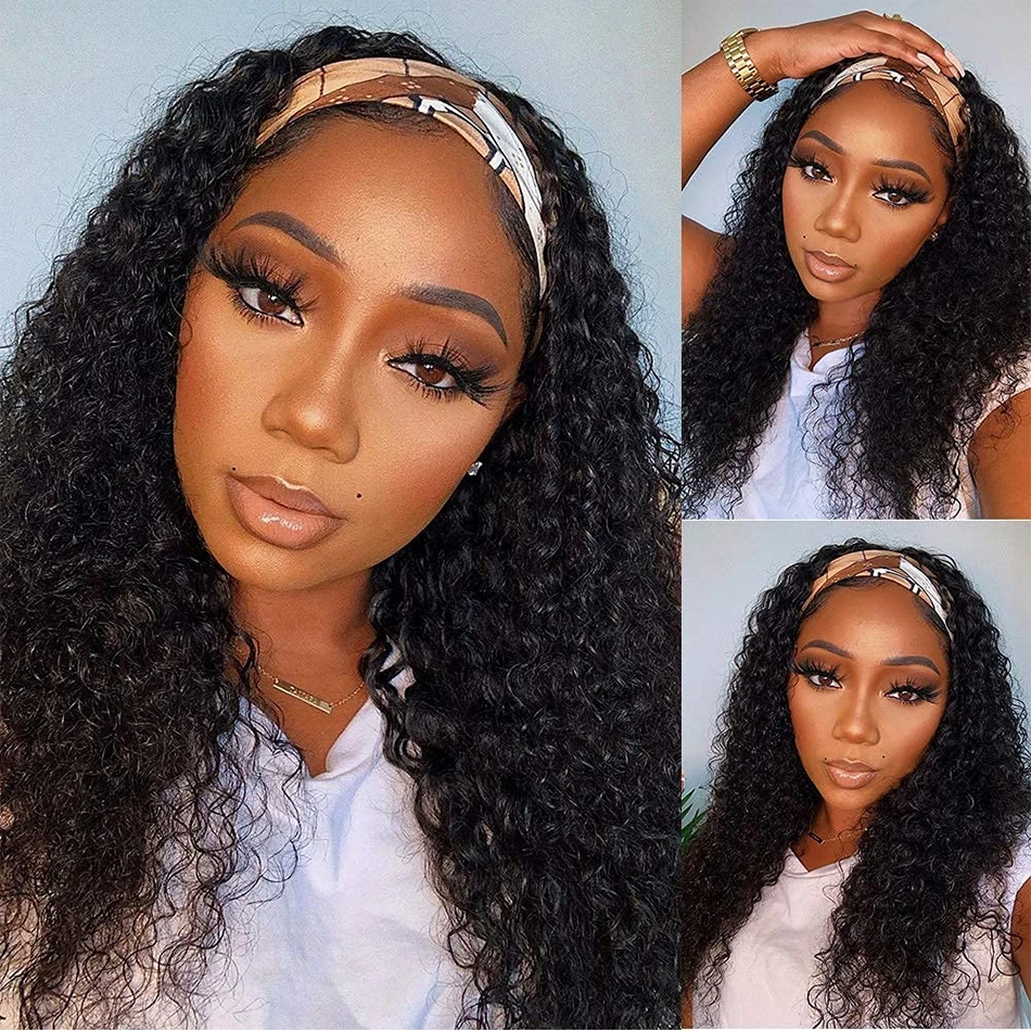 Headband Wig Human Hair Kinky Curly Wigs for Women Glueless None Lace Front Water Wave Wig Brazilian Virgin Hair Wear and Go Wig