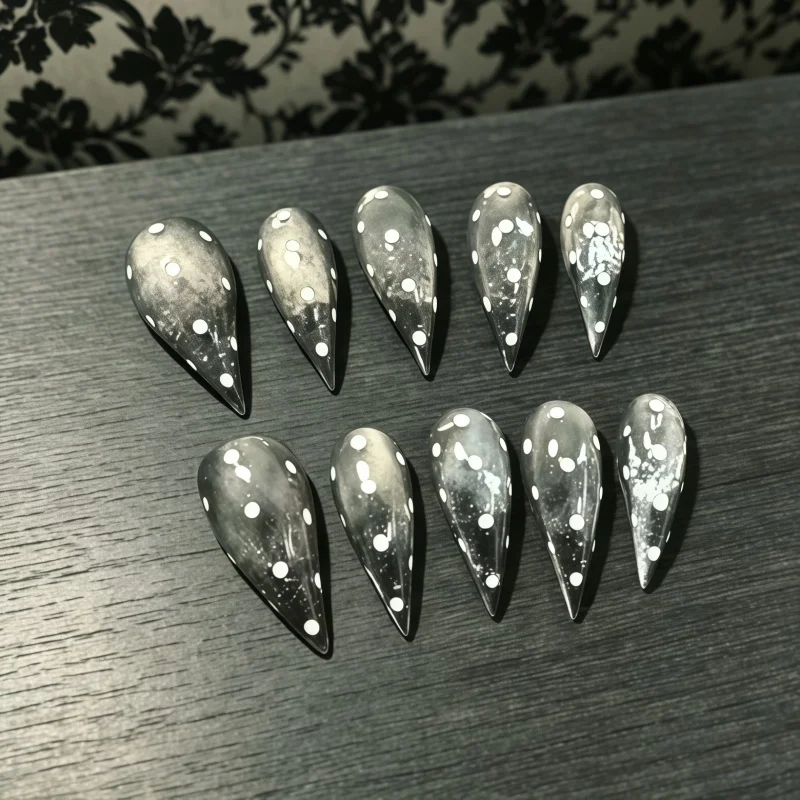 2026New 10PCS Minimalist smoked semi-transparent white polka dot dagger-shaped fake nails, waterdrop-shaped pointed fake nails