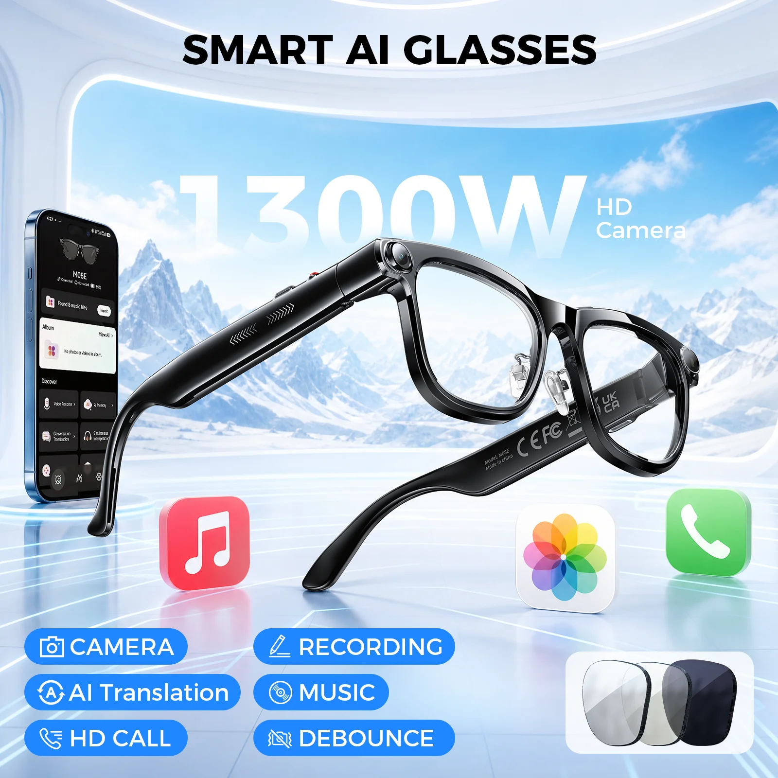 AI Smart Glasses 4K HD Camera 1300W Video Recording AI Photo Recognition Bluetooth Call Voice Translation Calling Men Women Sunglasses