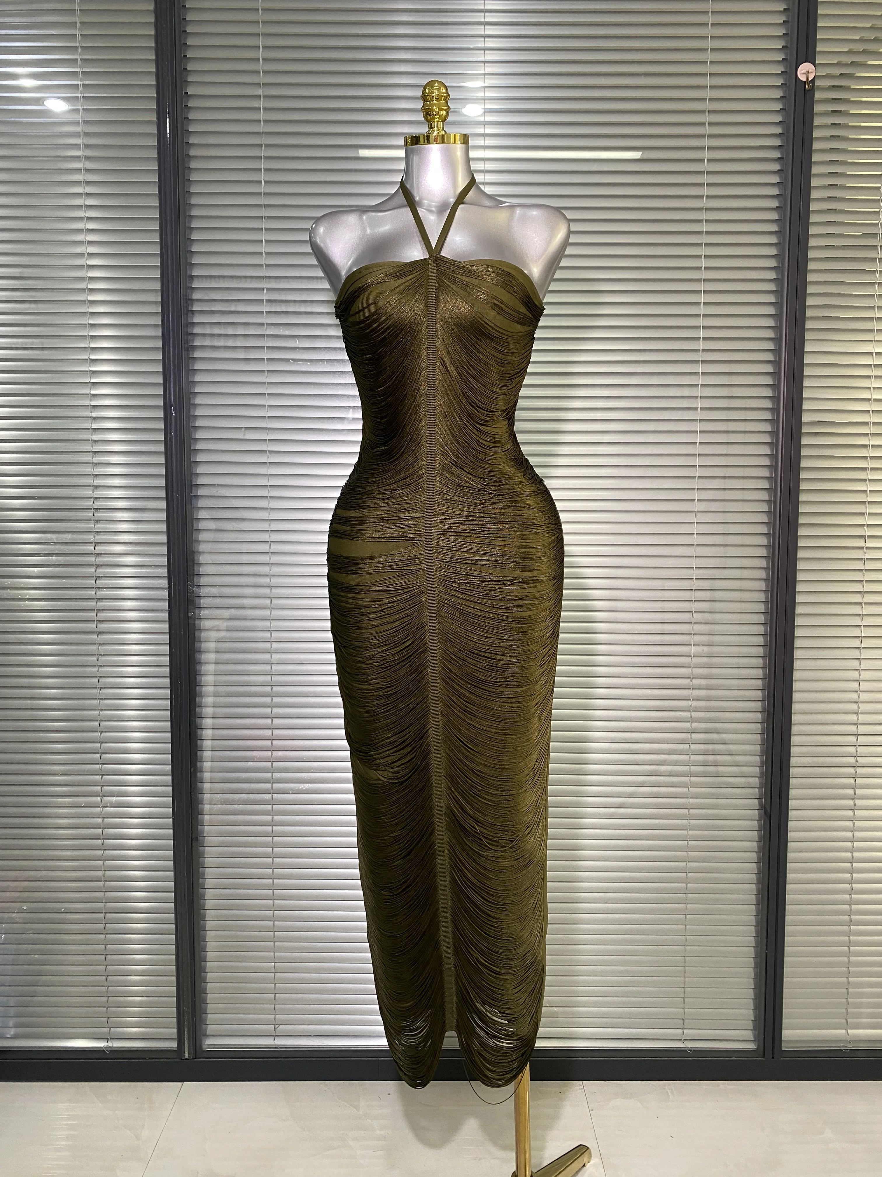 

Summer New 2025 Women Sexy Celebrity Halter Army Green Knit Bandage Dress Ladies Long Evening Bodycon Party Dress