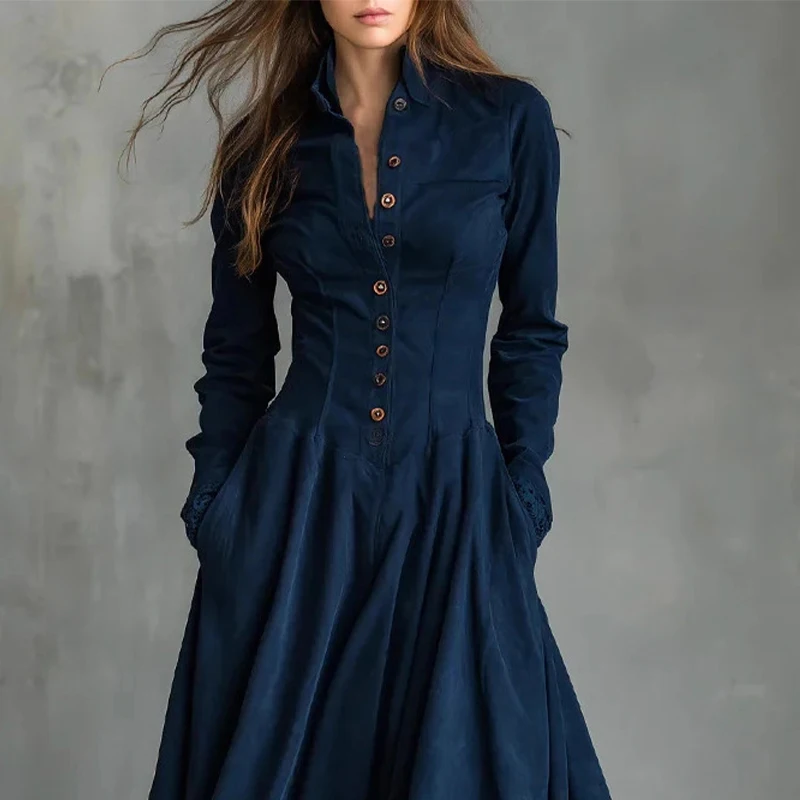 Elegant Faux Suede Maxi Dresses for Women Spring Autumn Long Sleeve Single Breasted Lapel Dress Slim Lace Trim Hem Party Dress