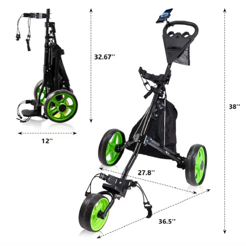 HOW TRUE Golf Push Cart, 3 Wheels Folding Golf cart with Foot Brake & Phone Holder & Waterproof Cooler Bag, Portable Lightweight