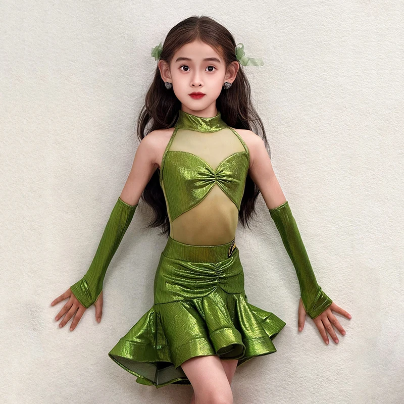 

2026 Latin Dress For Girl Competition Stage Clothes Green Sleeves Dance Suit Children Dance Performance Wear Latin Outfit 2476