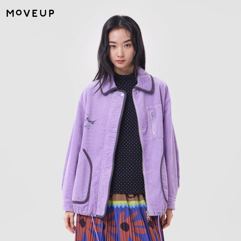 MOVEUP Women Cropped Corduroy Jacket FUN Series Lapel Embroidered Patch Pockets Jacket 2026 Winter New Female Clothing 3ELD20701