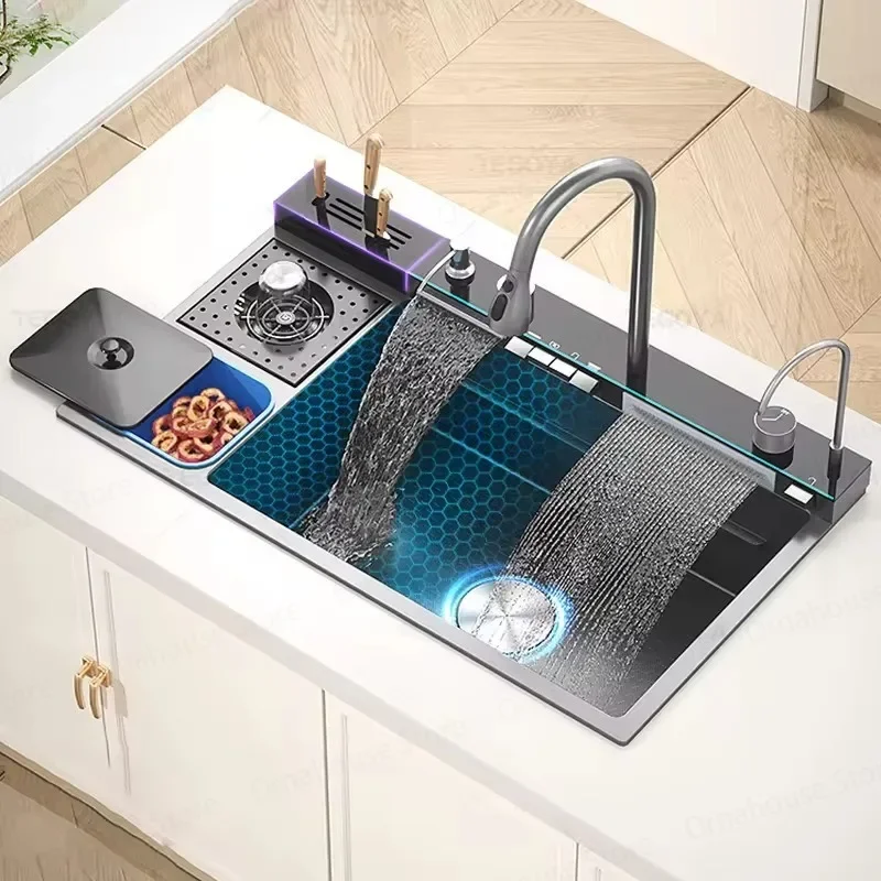 Kitchen Digital Display Waterfall Sink Large Single Slot with Knife Holder and Trash Can Household Wash Dish Basin Washbasin