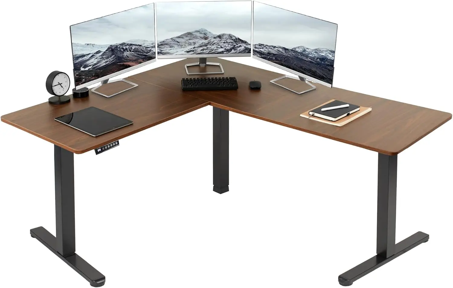 Height adjustable 63 x 55 inch tilted upright office desk, dark walnut tabletop, black frame, L-shaped upright workstation