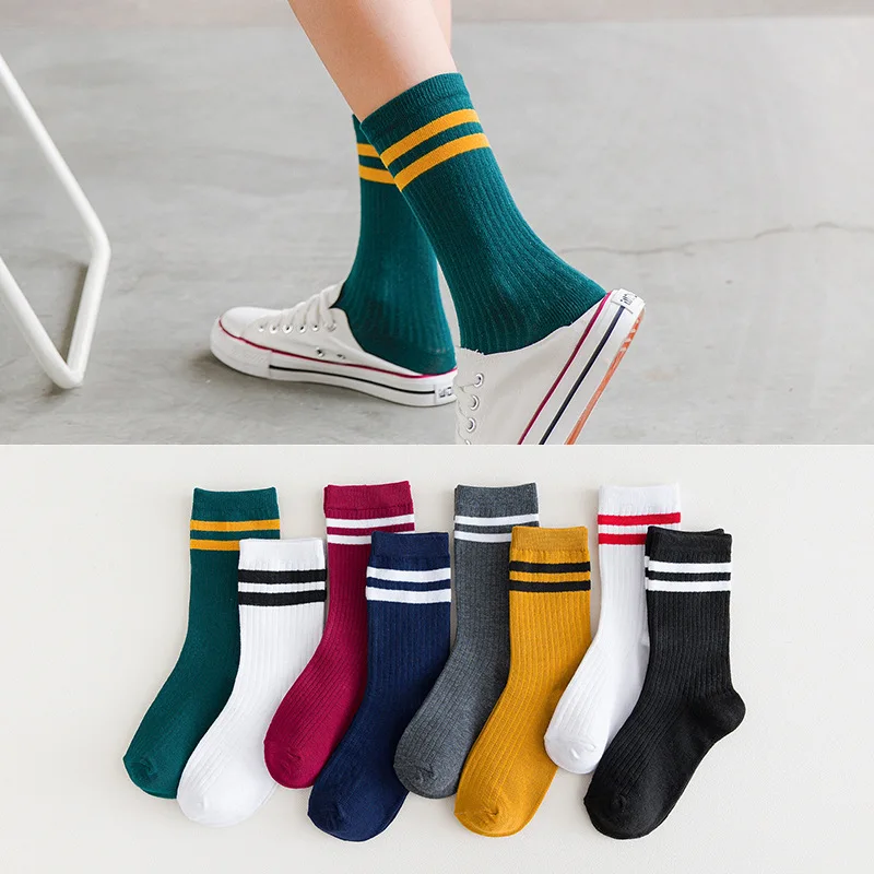 Harajuku Retro Wine Red Crew Socks Cotton Knitting Striped Long Socks Stripe Japanese High School Girls Cute Loose Socks Fashion