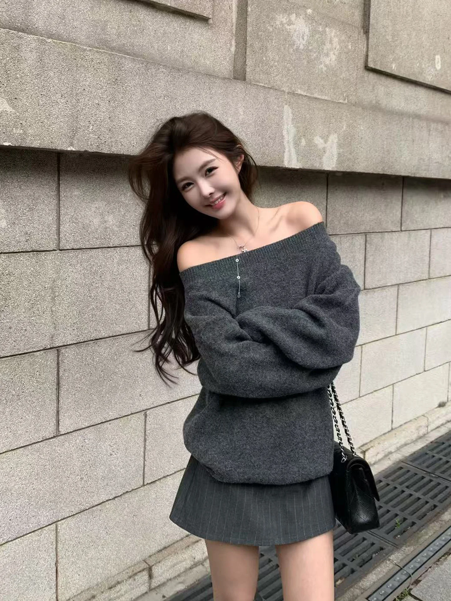 

Muzi Deep ey One-oulder Knitted Sweater Women's Lazy Sle Autumn Winter Loose Top Overhead Warmth Heating Long Sve