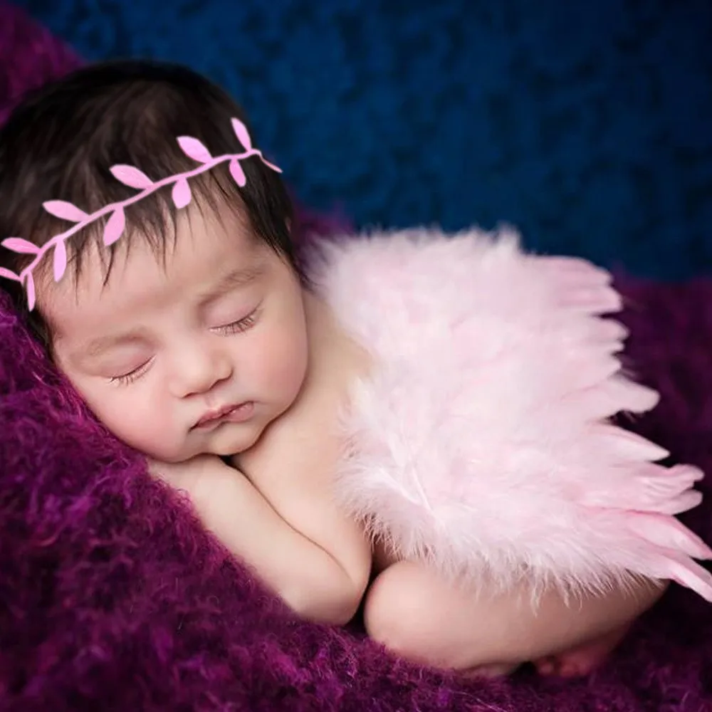 Ylsteed 2pcs/lot Newborn Baby Angel Feather Wings with Leaf Headband Infant Cupid Outfit for Photography Props Festival Costume