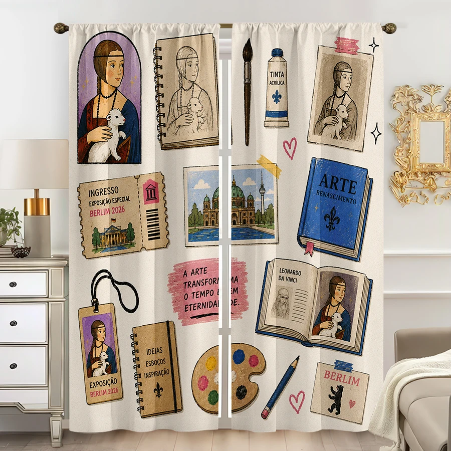2PCS Curtains, Vintage Scrapbook Collage Print With Da Vinci's Lady With Ermine Portrait, Berlin Cityscape Landmark, Painting To