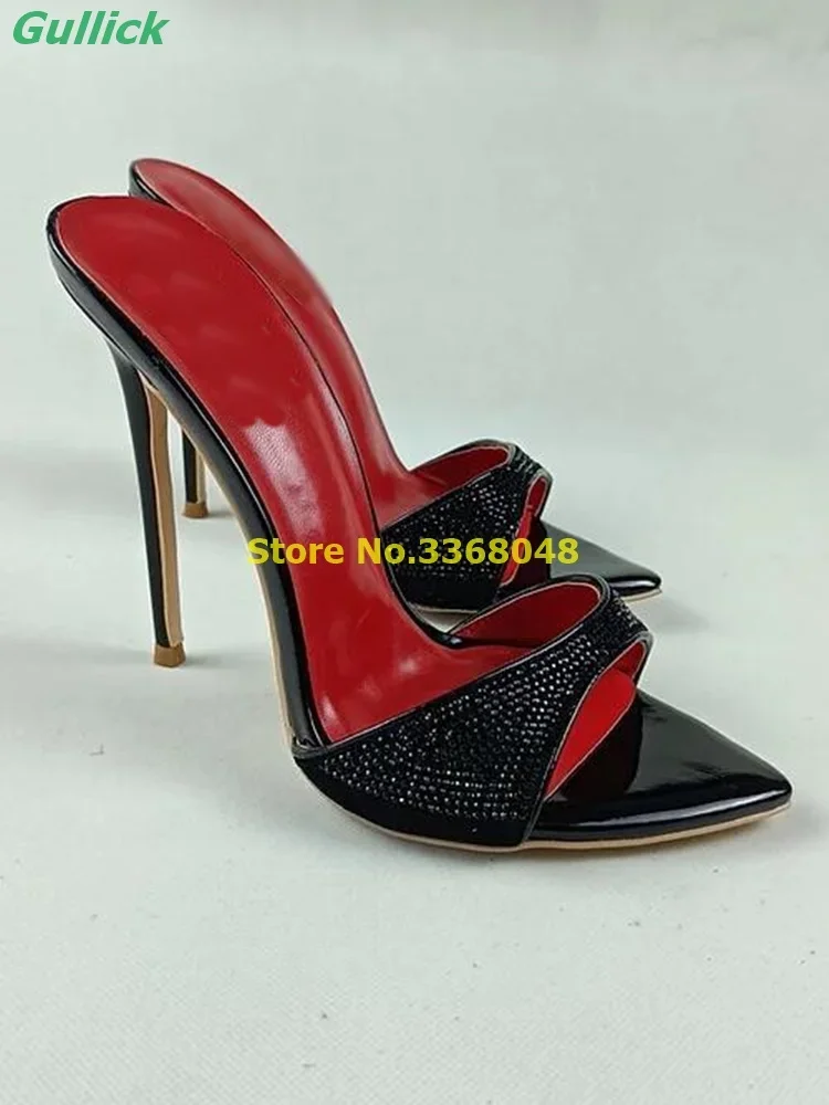 أحذية كريستال سوداء عالية الكعب مثير أشار تو كعب ستيليتو الانزلاق على موضة 2024 فستان النعال الشرائح الصيف الصلبة