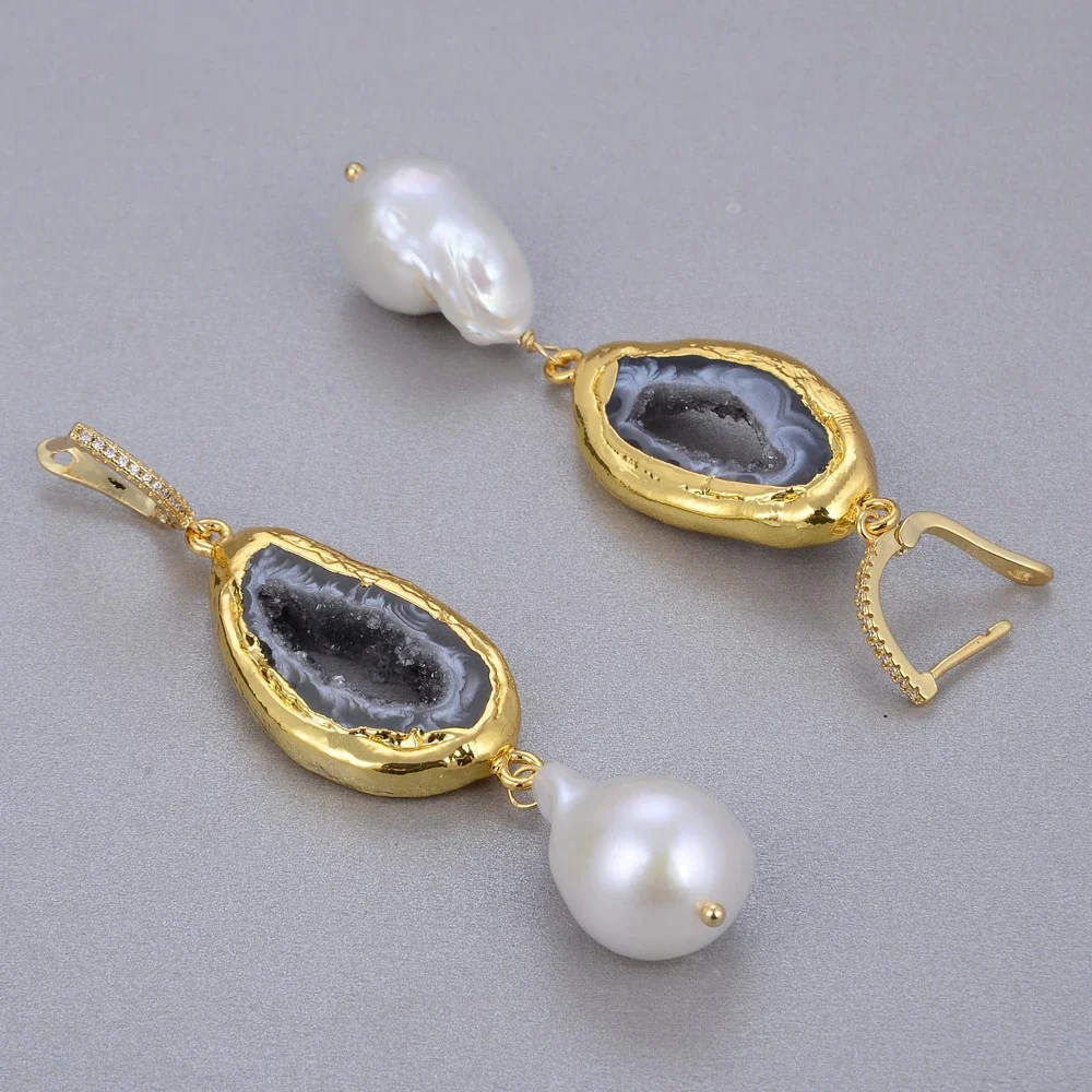 

Natural Freshwater Cultured White Keshi Pearl Gold Plated Quartz Agates CZ Hook Earrings Vintage For Women