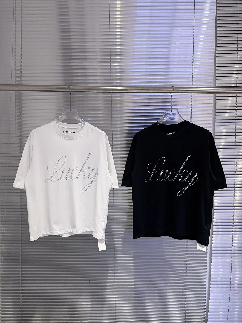 Men Women Rhinestone Lucky Letter Graphic T-Shirt I Feel Lucky Print Y2K Streetwear Oversized Crew Neck Short Sleeve Cotton Tee