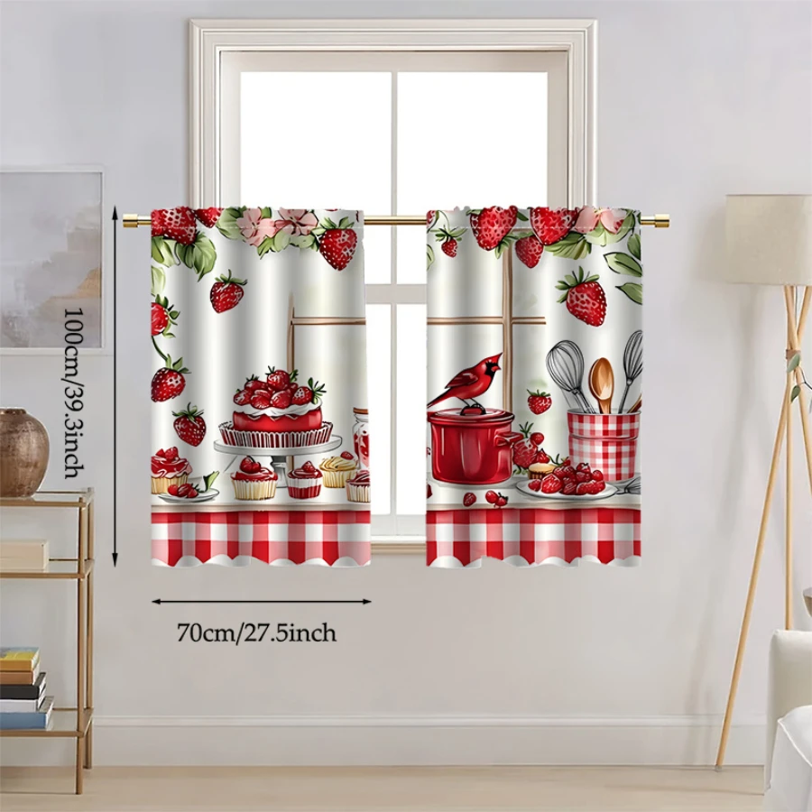 Strawberry Dessert Baking Print Kitchen Curtain, Red Gingham Border Rod Pocket Tiers for Spring Kitchen Cafe Home Decor
