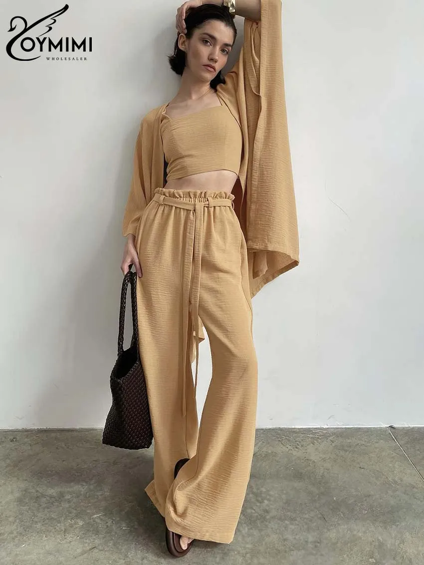 Oymimi Elegant Yellow 3 Piece Sets Women Outfit Fashion Loose Shirts And Slim Slip Tank Tops + Drawstring Trousers Female Sets