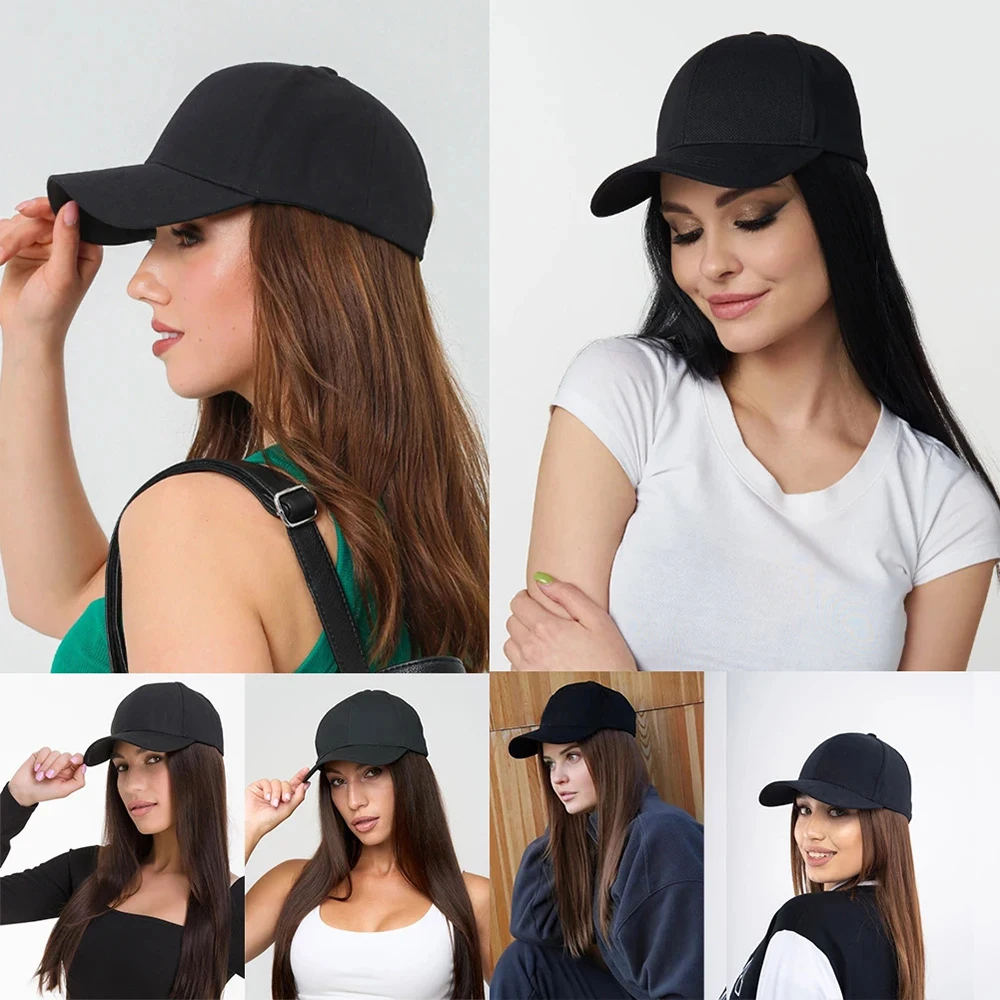 Synthetic Baseball Cap with Straight Hair Extensions 26inch Long Straight Hairstyle Adjustable Black Wig Hat for Woman Girl