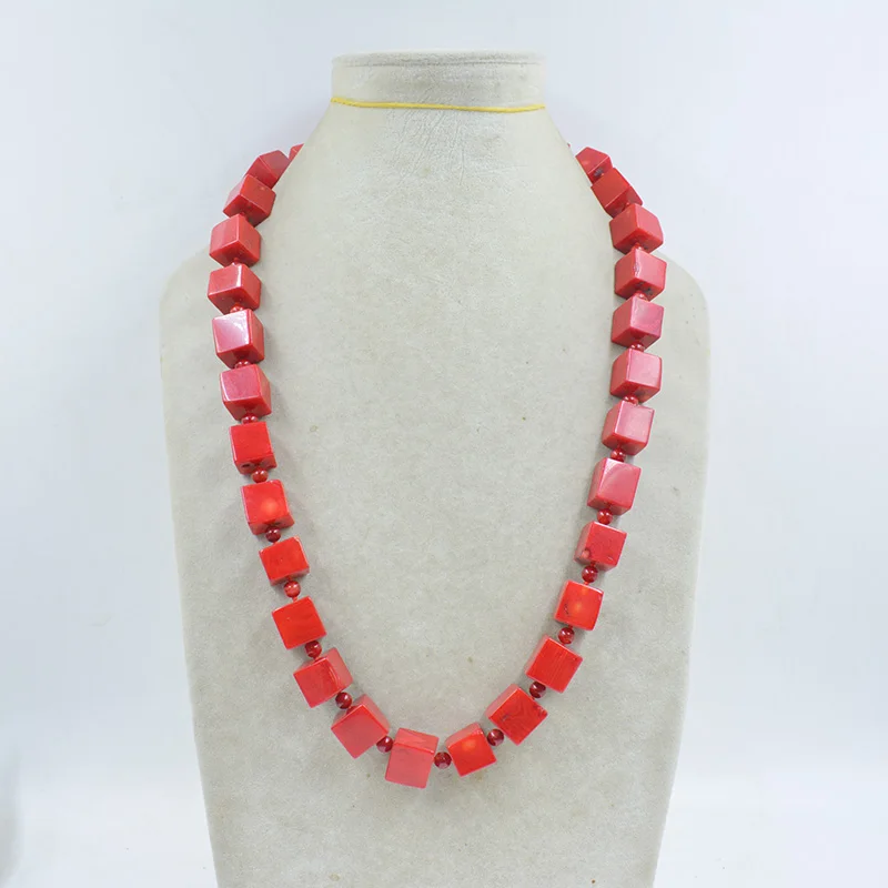 

14MM huge, square, natural red coral necklace, classic ladies, bridal necklace (last) 24"