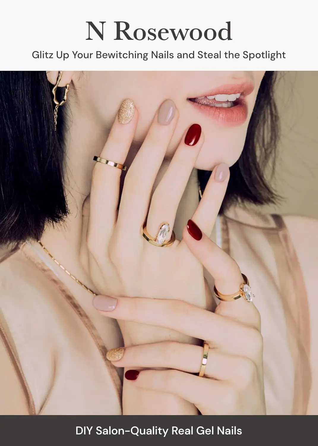 セミキュアジェルネイルストリップ N ローズウッド - レッド、ソリッド、UV/LED対応、長持ち、簡単装着＆除去 - プレップパッド、ファイル、S付き
