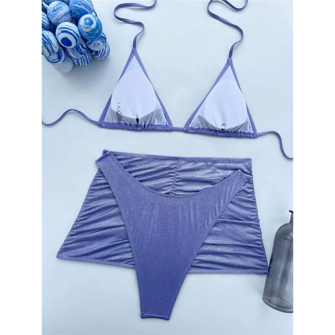 Halter-Bikini mit Rock, glänzend, brasilianischer Stil, Damen-Badebekleidung, dreiteiliges Bikini-Set, Badeanzug, Badebekleidung, Schwimmbekleidung V4925 – Detail 14