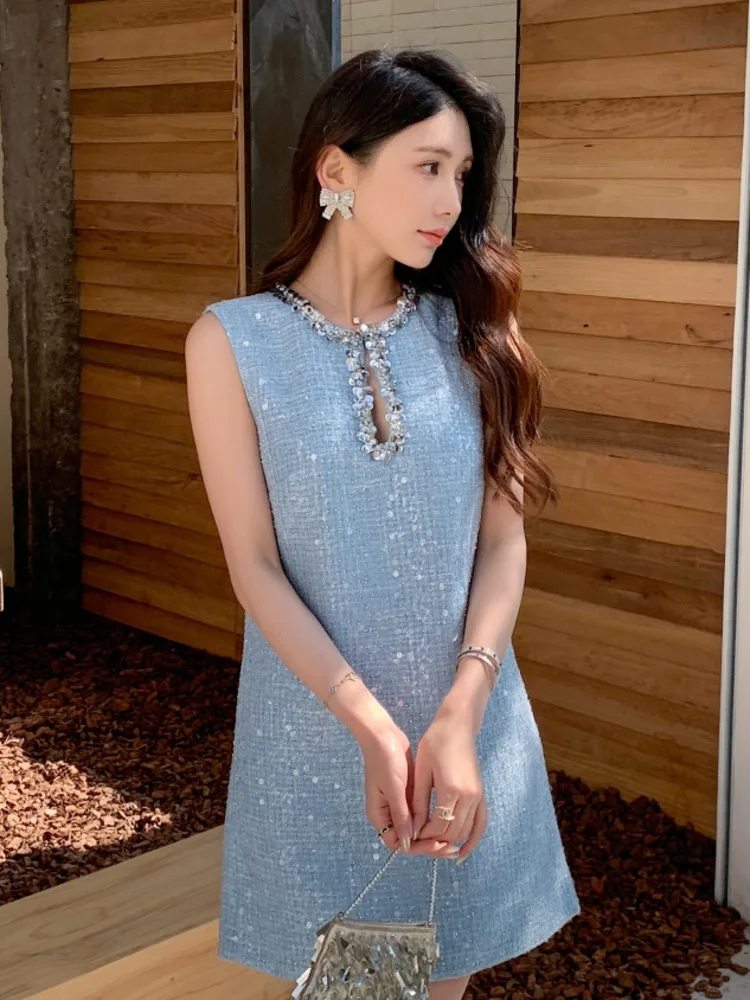 High Street French Small Fragrant Luxury Sequined Tweed Sleeveless Summer Dresses For Woman Fashion Sweet Party Evening Dress