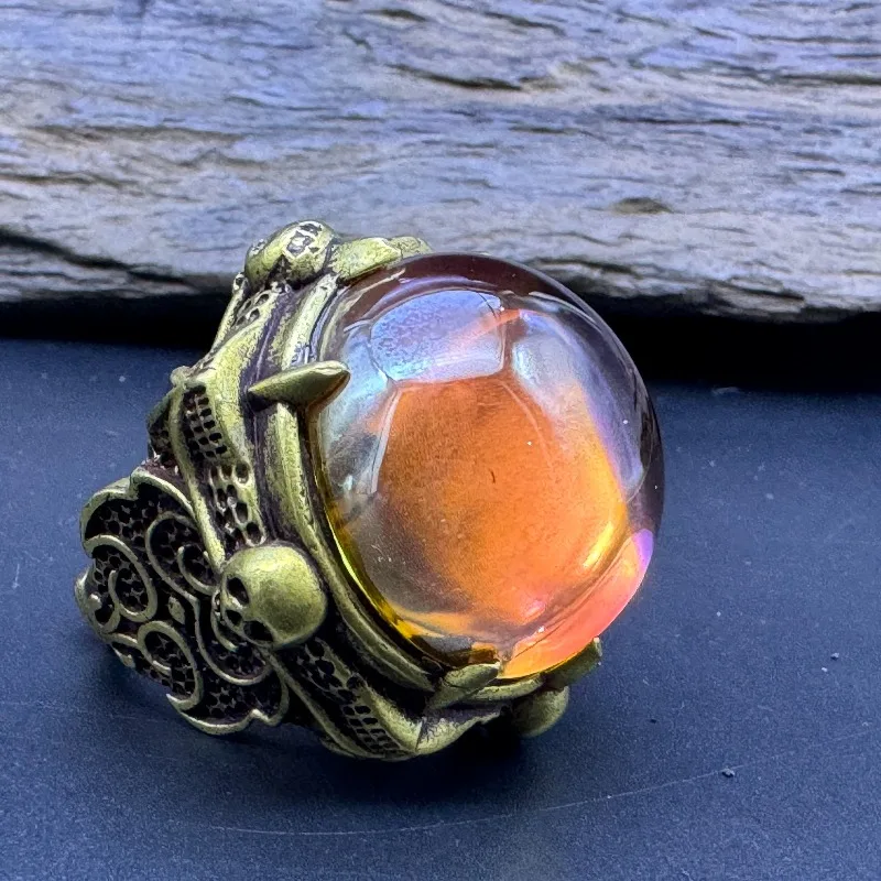 Vintage Antique Brass Tone Ring, Large Round Color Changing Created Gem, Filigree Retro Ethnic Statement Finger Jewelry